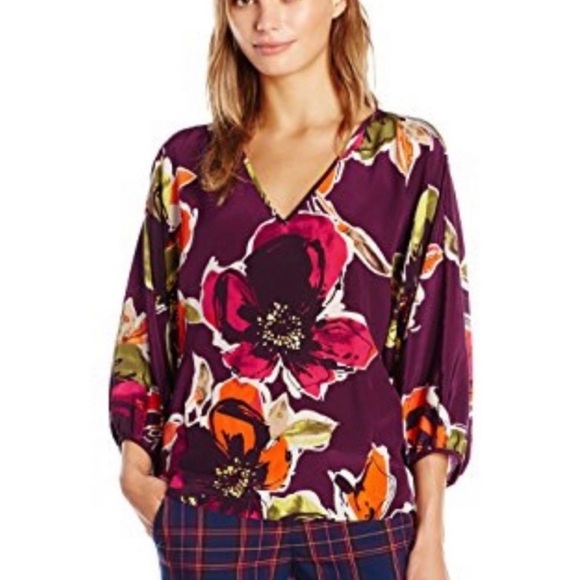 Trina Turk Silk Floral Blouse Women Small Dolman Sleeve - Picture 1 of 13